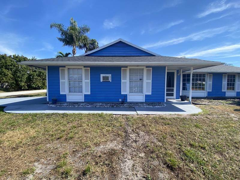 Before: patchy, worn front yard of a blue house