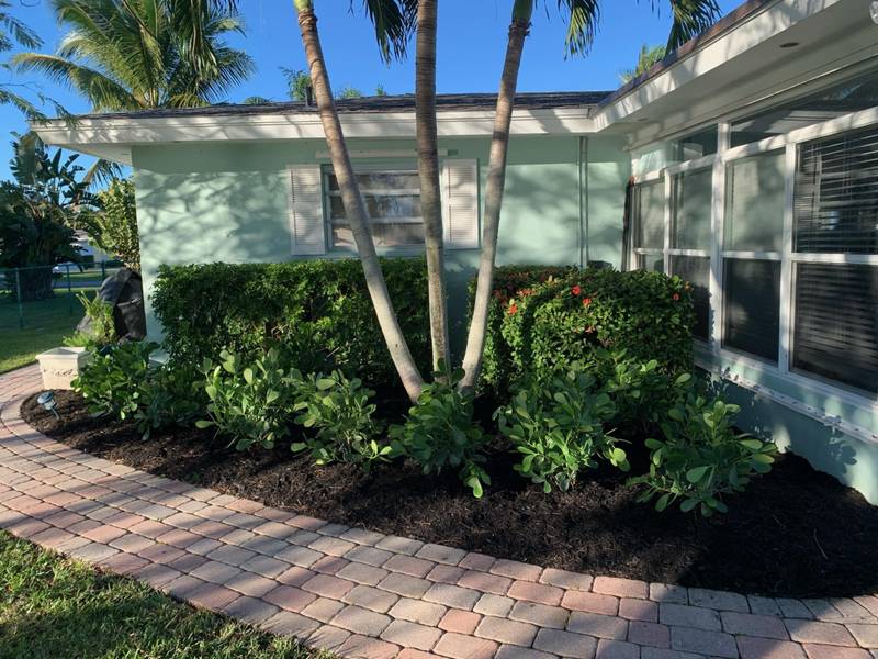 Curving paver walk past freshly mulched beds and trimmed hedges at a mint green house