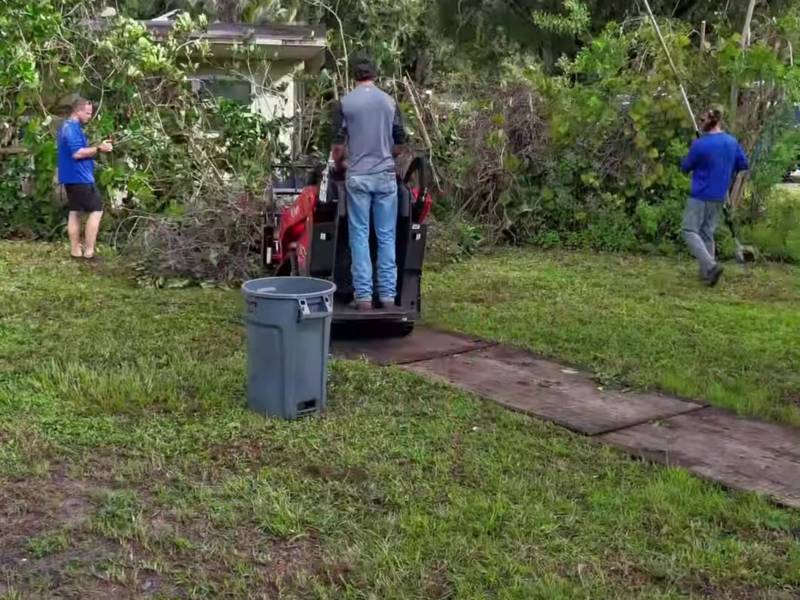 Voldscapes crew clearing cut limbs from a backyard with a compact track loader